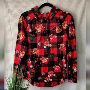 No Boundaries Girls Jr Checker Velour Holiday Reindeer Pullover Hoodie Lg 11-13